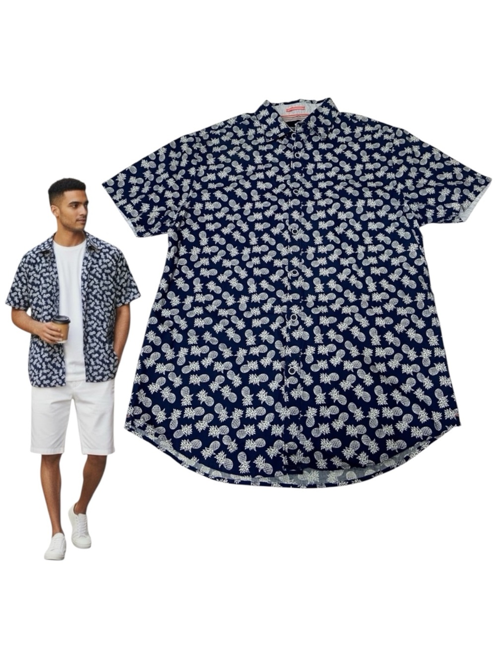 Denim & Flower Slim Fit Navy White Pineapple Button Down Shirt - Men’s Medium